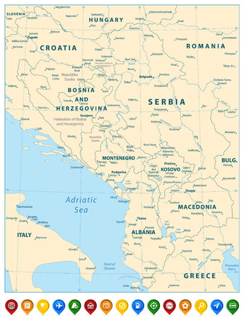 Central Balkan Region Map and Colorful Map Pointers. Vector illustration.のイラスト素材