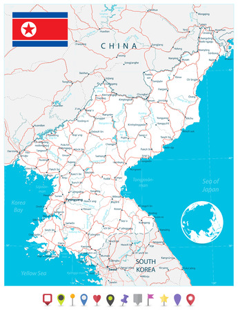 North Korea Map and flat map pointers. Vector illustration.のイラスト素材