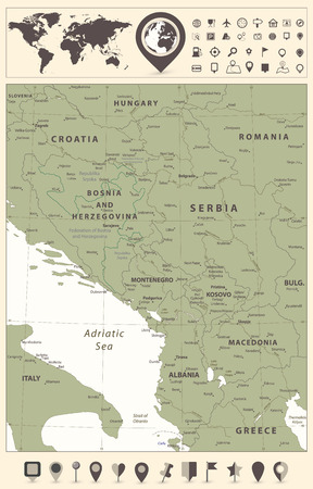 Central Balkan Region Map and World Map with navigation icons. Vector illustration.のイラスト素材