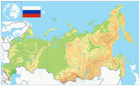 Russia Physical Map. No text. Highly detailed map vector illustration. Image contains layers with shaded contours, water objects.のイラスト素材