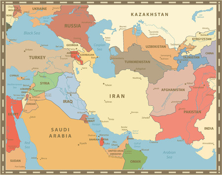 Southwest Asia Map Vintage Color. Detailed vector map of South West Asia.のイラスト素材