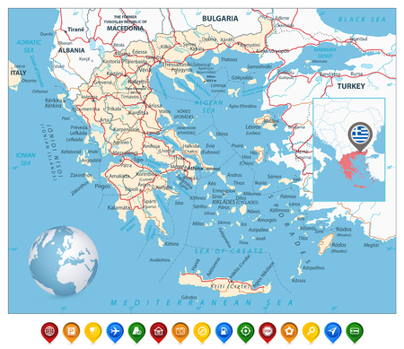 Greece Map and Colorful Map Markers. Detailed vector map of Greece with roads, highways and roads.のイラスト素材