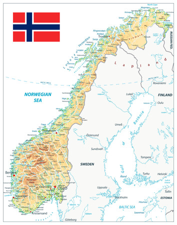 Norway Physical Map Isolated on white. Highly detailed map vector illustration. Image contains layers with shaded contours, land names, city names, water objects and it's names, highways.のイラスト素材