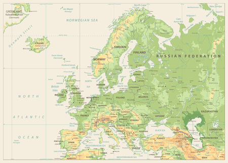 Europe Physical Map. Retro Colors. No bathymetry. Detailed vector illustration of Europe Physical Map.のイラスト素材