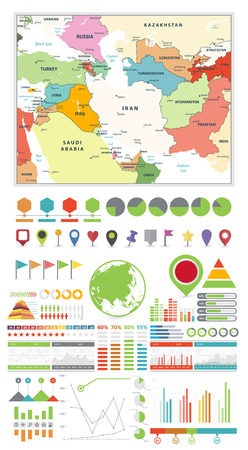 Sothwest Asia map and Infographics design elements. Business template in flat style for presentation, booklet, website and other creative projects.のイラスト素材