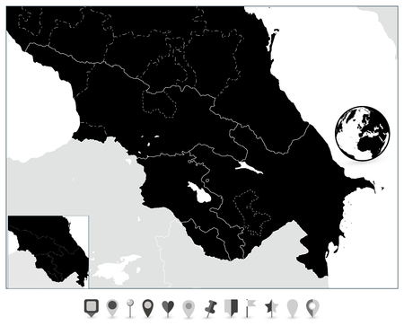 Caucasus Black Map and Flat Map Markers. Detailed vector map of the Caucasus.のイラスト素材