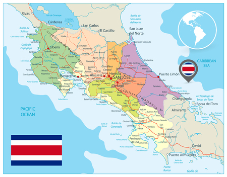 Costa Rica Administrative Map. Detailed vector administrative map of Costa Rica with major cities, roads and water objects.のイラスト素材