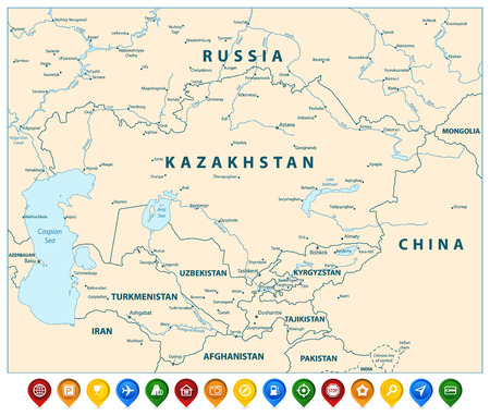 Central Asia Political Map and Colorful Map Pointers. Vector illustration.のイラスト素材
