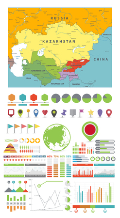 Central Asia Map and Infographics design elements. On white. Business template in flat style for presentation, booklet, website and other creative projects.のイラスト素材