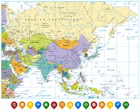 Colored Asia map and colorful map pointers with roads rivers, lakes and elevations.のイラスト素材