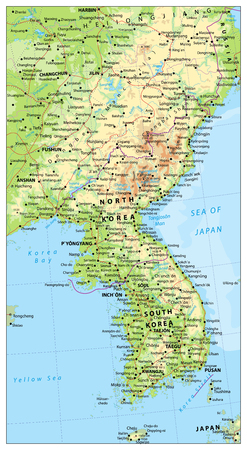 Korean Peninsula large detailed physical map with roads, railroads, water objects, cities and capitals.のイラスト素材
