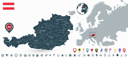 Austria Map and Austria location on Europe Map isolated on transparent background. Highly detailed vector illustration of map.のイラスト素材