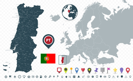 Portugal Map and Portugal location on Europe Map isolated on transparent background - Highly detailed vector illustration of map.のイラスト素材