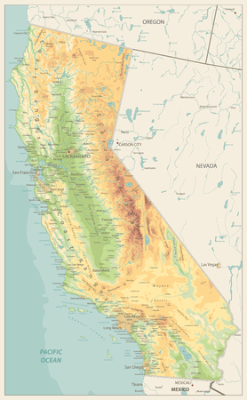 California Physical Map Retro Colors - Highly Detailed Relief Map of California State vector illustration - All elements are separated in editable layers clearly labeled.のイラスト素材