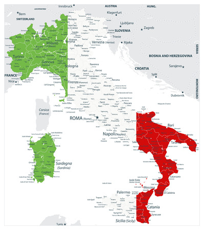 Abstract vector color map of Italy country coloured by national flag - Image contains layers with Italy map, land names, city names - Highly Detailed Vector Illustration of Italy Map.のイラスト素材