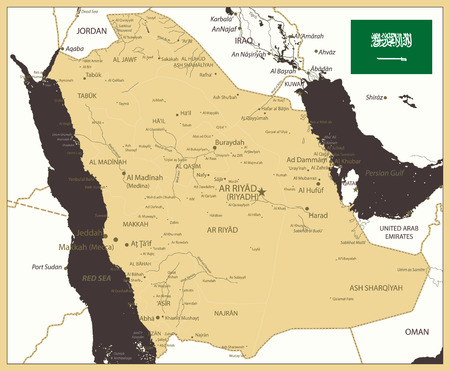 Saudi Arabia Map Gold and Brown - Image contains layers with map contours, land names, city names, water objects and it's names - Highly detailed vector illustration.のイラスト素材