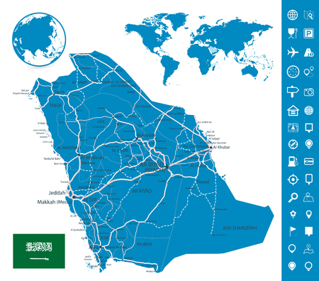 Saudi Arabia Road Map and Map Navigation Set - Image contains layers with map contours, land names, city names and roads - Highly detailed vector illustration.