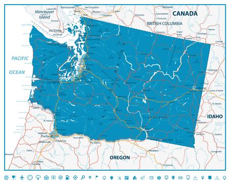 Washington state road map with rivers, lakes and highways.のイラスト素材