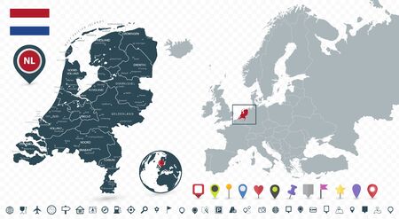 Netherlands Map and Netherlands location on the Europe map isolated on transparent background. Highly detailed vector illustration of map.のイラスト素材