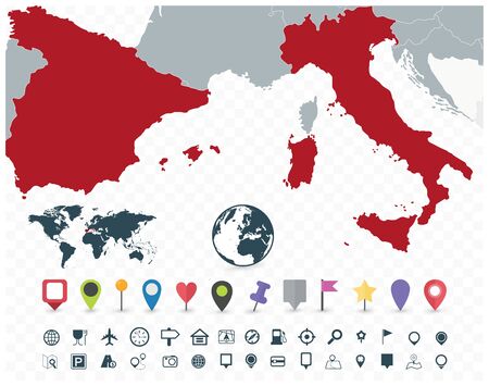 Spain and Italy Map and Flat Map Icons. Vector illustration.のイラスト素材