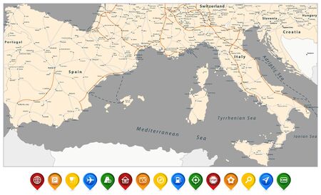 Spain and Italy Road Map and Colored Map Icons. All elements are separated in editable layers...