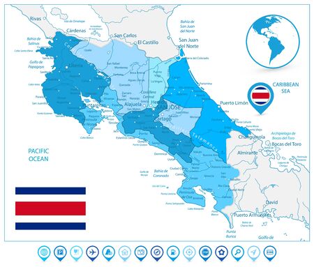 Costa Rica Map In Colors Of Blue and Map Icons. Detailed vector map of Costa Rica with major cities and map icons.のイラスト素材