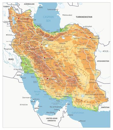 Highly Detailed Physical Map of Iran. Image contains layers with shaded contours, land names, city names, water objects and it's names, highways.
