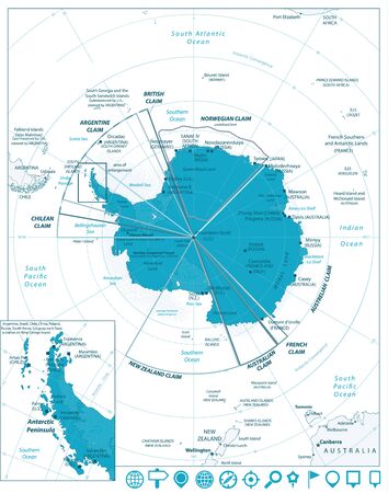 Arctic Region Map and Navigation Icons with south pole, scientific research stations and ice shelfs. English labeling and scaling.のイラスト素材