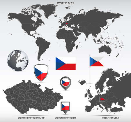 Czech Republic administrative divisions map, Earth globe, World and Europe maps showing country location and Czech Republic flags icon set.のイラスト素材