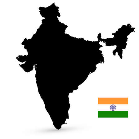 Black color India map and flag on white background. Vector illustration.のイラスト素材