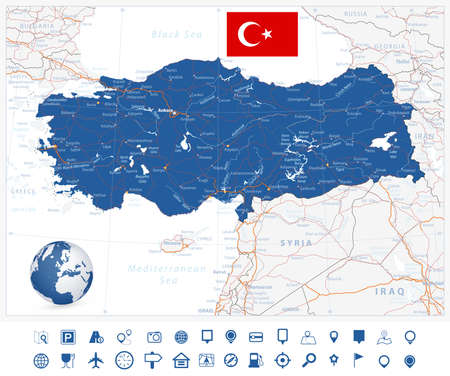 Detailed road vector map of Turkey and navigation icons with separated layers.のイラスト素材