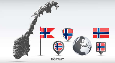Norway map and flag set. Detailed country shape with region borders and flag icons.のイラスト素材