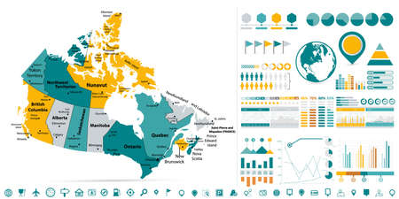 Canada Map and Infographics design elements - Business template in flat style for presentation, booklet, website and other creative projects.のイラスト素材