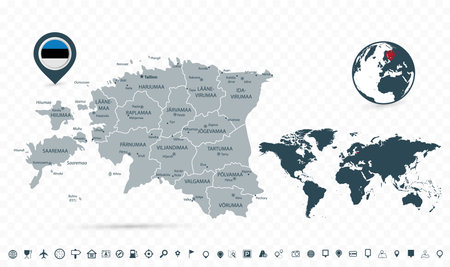 Estonia Map and World Map isolated on transparent background. Highly detailed vector illustration of map.のイラスト素材