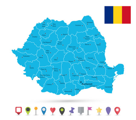 Romania Map and Flat Map Icons - Detailed map vector illustration - All elements are separated in editable layers clearly labeled.のイラスト素材