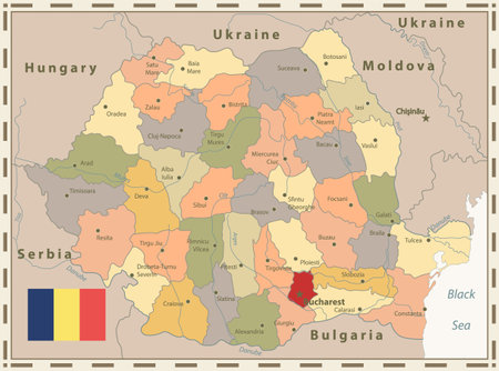 Romania Political Map Retro Colors - Highly detailed editable political map with labelingのイラスト素材