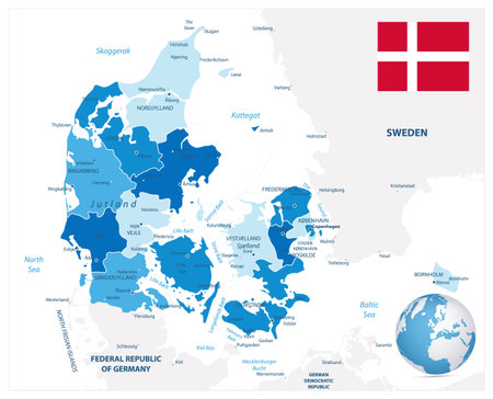 Denmark Administrative map. Blue colors. Highly detailed editable political map with labelingのイラスト素材