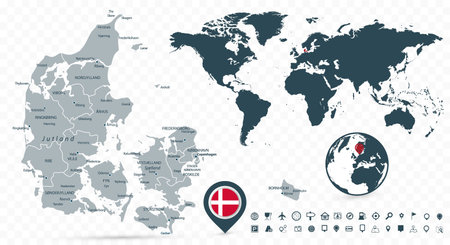 Denmark Map and World Map isolated on transparent background. Highly detailed vector illustration of map.のイラスト素材