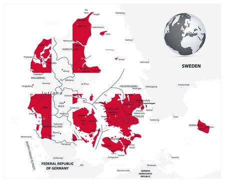 Map of Denmark coloured by national flag. Vector illustration.のイラスト素材