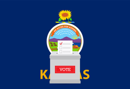Presidential elections in Kansas state. State flag and ballot box voting set.のイラスト素材