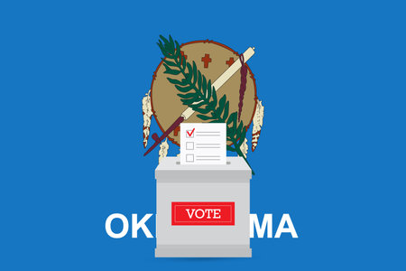 Presidential elections in Oklahoma state. State flag and ballot box voting set.のイラスト素材