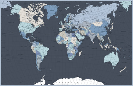 World map with names of countries, capitals and water objects. Highly detailed vector illustration of World Map.のイラスト素材