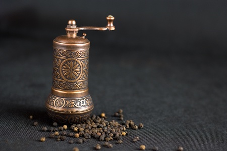Vintage still life with brass pepper mill standing on the grey backgroundの写真素材