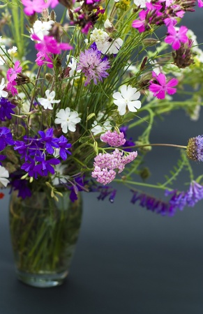bouquet of summer fresh wild flowers isolated on black backgroundの写真素材