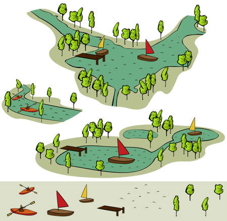 Set of cartoon holidays boats on waterのイラスト素材