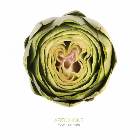 Fresh artichoke head with cut top, viewed from above, isolated on whiteの写真素材