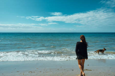 Young woman walking along the wet sand alongside the ocean on a tropical beach as her German Shepherd dog plays in the surf in a close up rear view facing out to the sea in a travel and healthy lifestyle conceptの写真素材