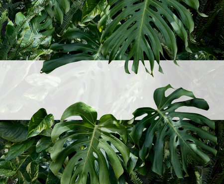 Lush green tropical plants with blank central white banner for use as a design template in a full frame background.の写真素材