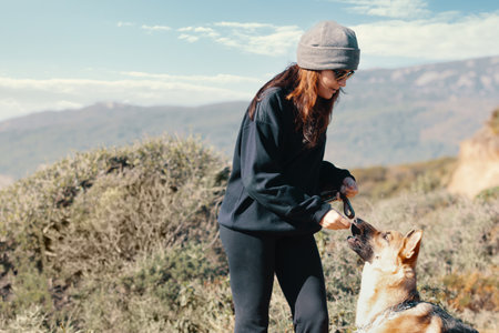Young woman offering her German Shepherd dog a treat during a training outdoors in the countryside together on a hilltop or mountainの写真素材