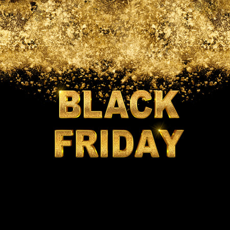Square format Black Friday poster or card design with gold glitter text over black below a top border of random gold accents and copyspace below for store advertisingの写真素材